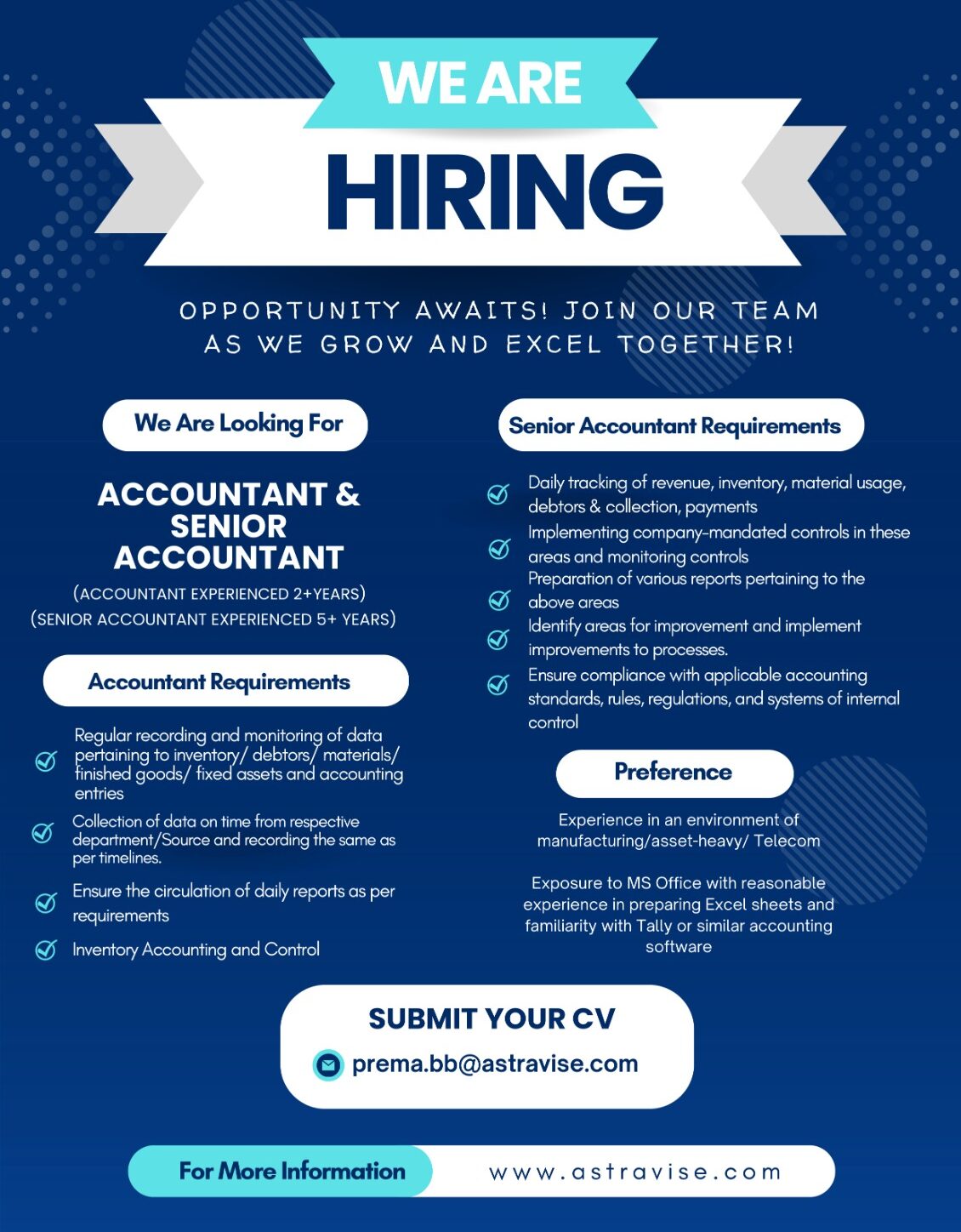 We're Hiring Accountant and Senior Accountant in Bangalore for Astravise